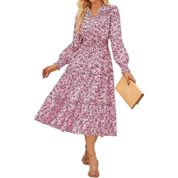 Dresses & Skirts - Women's Floral Long Sleeve Midi Dress Fall Boho A Line Elegant with Pockets